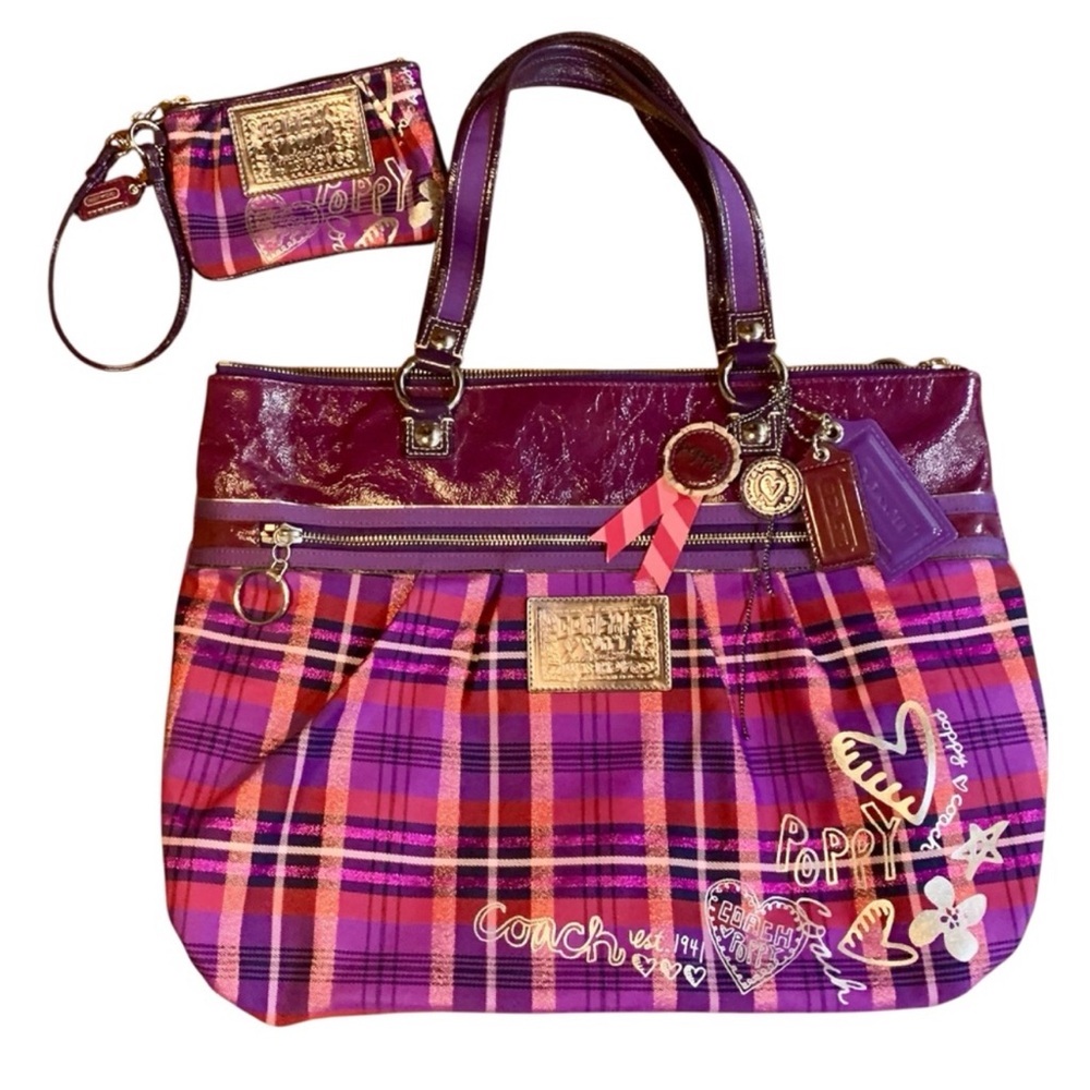 Vintage Coach Poppy Purple Tartan Plaid Glam Tote / Shoulder Bag + Wristlet